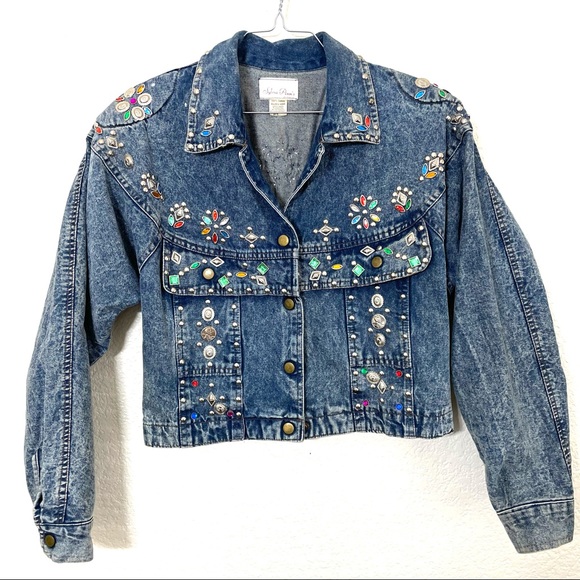 Jackets & Blazers - 80’s Bedazzled Rhinestone Acid Washed 100% Cotton Blue Cropped Denim Jean Jacket